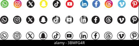 Social Media platforms Icon Set, whatsapp, instagram, snapchat, tiktok, youtube, linkedin, facebook, vimeo, pinterest icons Stock Vector