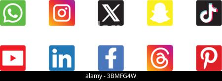 Social Media platforms Icon Set, whatsapp, instagram, snapchat, tiktok, youtube, linkedin, facebook, vimeo, pinterest icons Stock Vector