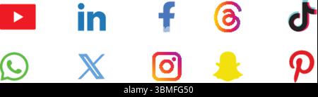 Social Media platforms Icon Set, whatsapp, instagram, snapchat, tiktok, youtube, linkedin, facebook, vimeo, pinterest icons Stock Vector