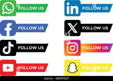 Social Media Follow Us Buttons Collection - WhatsApp, LinkedIn, Facebook, TikTok, X, Instagram, YouTube, Snapchat Icons Stock Vector