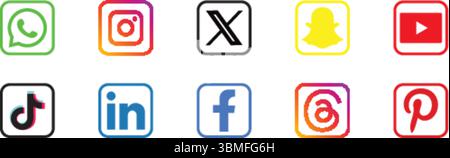 Social Media platforms Icon Set, whatsapp, instagram, snapchat, tiktok, youtube, linkedin, facebook, vimeo, pinterest icons Stock Vector