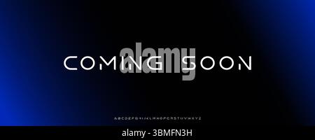 Coming soon futuristic text with scifi techno font on dark blue gradient background. Anticipation, digital energy typography. Announcement banner for Stock Vector