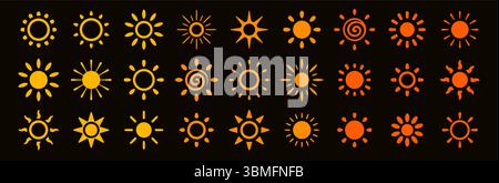 Sun icon set with stylized solar shapes, spiral rays, abstract heat symbols. Collection of bright summer, energy, weather, climate, day, forecast and Stock Vector
