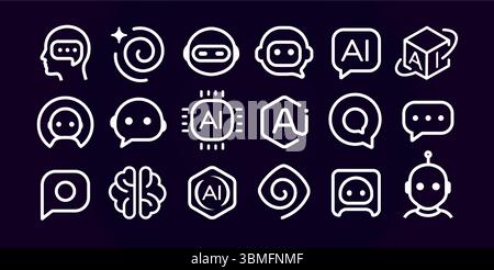 AI chatbot icon set with brain, robot, chip, speech, circuit, assistant symbols. Outline linear design for smart tech, neural networks, UI, machine Stock Vector