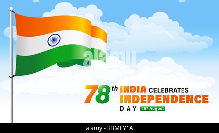 78th anniversary of India Independence Day celebration 2025. 15th august holiday banner for 78 years of Independence with national flag on sky Stock Vector