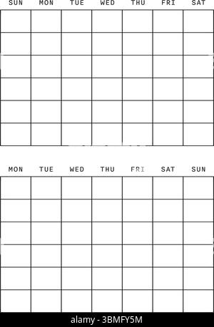 Two weekly calendars are displayed, one begins on Sunday and the other on Monday. Both calendars have blank grids for planning or scheduling Stock Vector