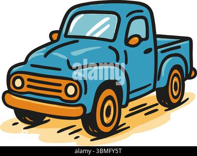 Hand drawn vector graphic shows a blue vintage truck with orange accents. The illustration is in a simple, cartoon style with bold outlines Stock Vector