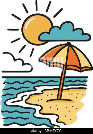 A hand drawn vector illustration depicting a beach scene. There is a sun, cloud, ocean, beach umbrella, and sand in a minimalist line art style Stock Vector