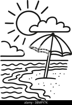 A hand drawn black outline depicts a beach with a parasol, waves, sun, and clouds. This summer doodle is minimalistic and bright, perfect for any desi Stock Vector