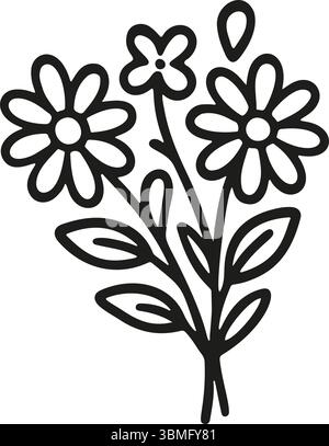 A bouquet of three daisy flowers and leaves are illustrated in a simple, outlined style. It is a hand drawn vector illustration on a white background Stock Vector