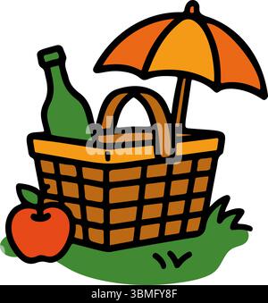 A hand-drawn doodle illustration depicts a picnic basket holding a bottle with an apple and umbrella nearby, all sitting on green grass Stock Vector