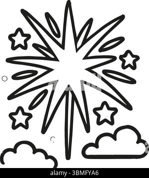 A simple line drawing features a central star explosion or firework, with several five-pointed stars and clouds surrounding it in a hand-drawn doodle Stock Vector