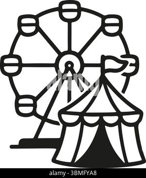 A line drawing shows a Ferris wheel behind a circus tent with a small flag on top, designed as a vector illustration doodle, in monochrome style Stock Vector