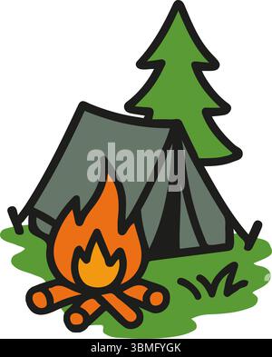 A hand drawn doodle icon depicts a campsite with a tent, burning campfire, evergreen tree, and green grass. Outdoors in nature Stock Vector