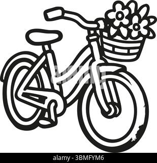A simple black line drawing of a bicycle. A basket attached to the front of the bicycle is filled with flowers. The vector doodle is hand drawn Stock Vector