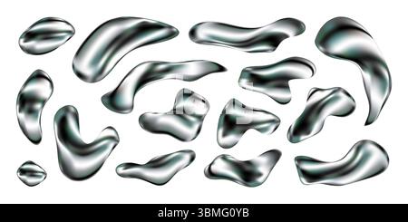 3D chrome liquid shapes set. Silver metallic blobs and fluid splashes with holographic texture and glossy finish. Abstract Y2K aesthetic with futuristic organic forms. Vector isolated elements. Stock Vector