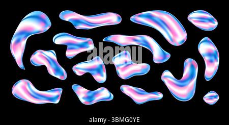 3D liquid shape set with chrome, glass and holographic elements. Iridescent blobs, puddles, drops and bubbles in abstract Y2K aesthetic. Gradient neon glow textures and fluid forms vector illustration Stock Vector