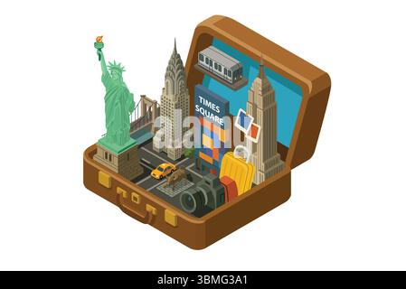 A vector illustration of New York City in a Suitcase Isometric Travel Concept Stock Vector