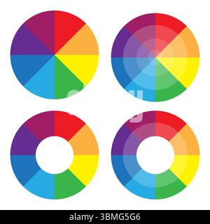 Colorful wheel diagrams. Rainbow spectrum circles. Color palette vector. Vibrant design wheels. Stock Vector
