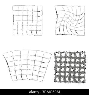 Abstract geometric tiles. Textured line patterns. Grunge Vector illustration. Distorted grid forms. Stock Vector