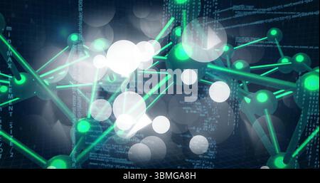 Displaying glowing green nodes connecting rods over dark grid, white bokeh, scrolling binary code Stock Photo