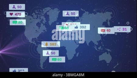 Displaying semi-transparent world map over network interface, with floating notification panels Stock Photo