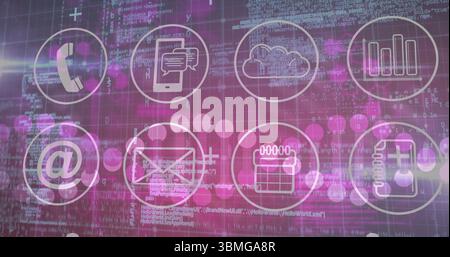Hovering communication icons on digital grid, including telephone smartphone cloud and data symbols Stock Photo