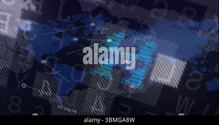 Displaying central digital world map graphic floating in virtual interface, with network nodes Stock Photo