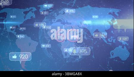 Projecting large pink 6G text floating over world map interface with network lines and icon bubbles Stock Photo