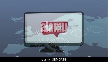 Displaying computer monitor showing rippled Europe map in data network, featuring red heart bubble Stock Photo