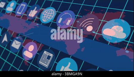 Displaying floating icons including globe, headphones, Wi-Fi, cloud, smartphone over map grid Stock Photo