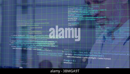 Showing code panels over collared shirt developer in office, green grid of colored code, copy space Stock Photo