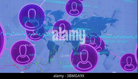 Displaying cluster of purple user icons connecting across blue world map, showing global metrics Stock Photo