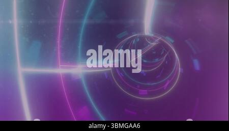 Rotating neon rings swirling tunnel with glowing trails around luminous sphere in virtual space Stock Photo