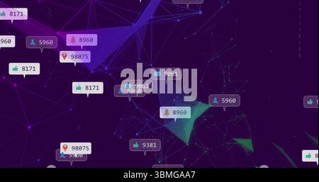 Displaying network cluster pulsing at tech dashboard, with floating notification bubbles and mesh Stock Photo