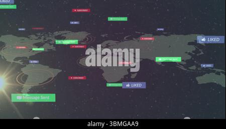 Displaying stylized world map floating in space, with pinpoint circles and notification labels Stock Photo
