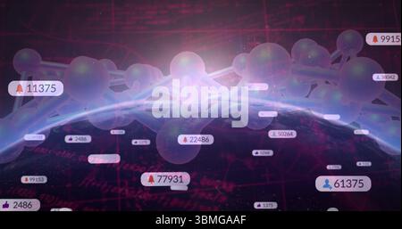 Floating sphere rod network over curved digital globe, with notification icons, grid lines and code Stock Photo