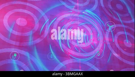 Digital interface displaying pink and blue circles on screen, with floating technology icons Stock Photo
