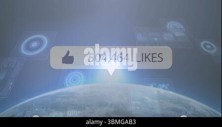 Showing interface bubble displaying thumbs-up and 504,464 likes over Earth with translucent HUD Stock Photo