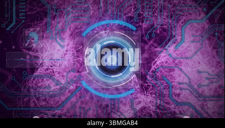 Displaying central circular HUD floating in digital environment, with circuit traces and dials Stock Photo