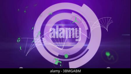Displaying purple sphere rotating with ring segments, waveforms in digital interface, green icons Stock Photo