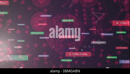 Displaying abstract network interface in cyberspace, with world map outline and floating UI labels Stock Photo