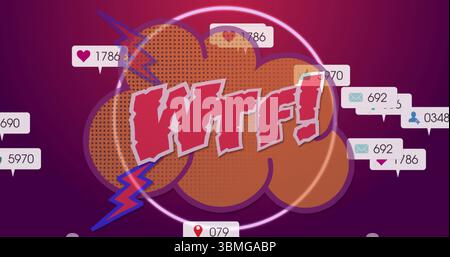 Displaying bold red WTF text hovering over orange cloud in digital art, with notification bubbles Stock Photo