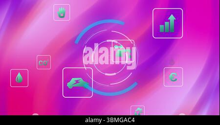 Displaying circular HUD interface element on digital screen, with water droplet and energy icons Stock Photo