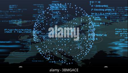 Displaying globe of blue nodes on navy interface, showing code, radar rings and landmass outlines Stock Photo