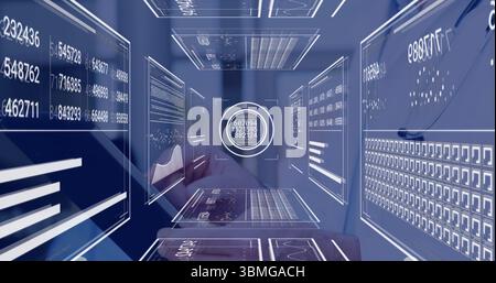 Glowing circular holographic widget floating in data corridor with data panels, numeric readouts Stock Photo
