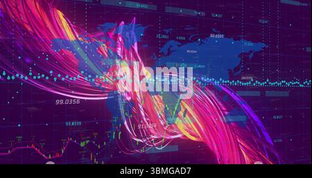 Displaying abstract data ribbons flowing across world map on grid interface, with numeric labels Stock Photo
