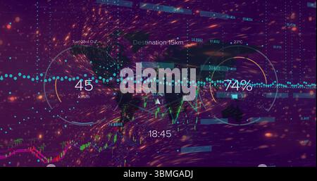 Displaying data overlay at virtual dashboard, with circular gauges, line chart and text indicators Stock Photo
