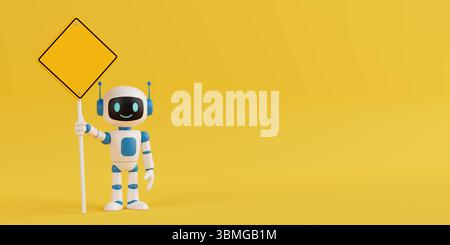 Technology And Caution Concept. Cute Friendly AI Robot Mascot Holding Blank Warning Road Sign On Yellow Background. 3d Rendering Stock Photo