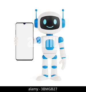 Technology And Communication Concept. Cute Friendly AI Robot Mascot Holding Blank Smartphone With White Screen on a White Background. 3d Rendering Stock Photo